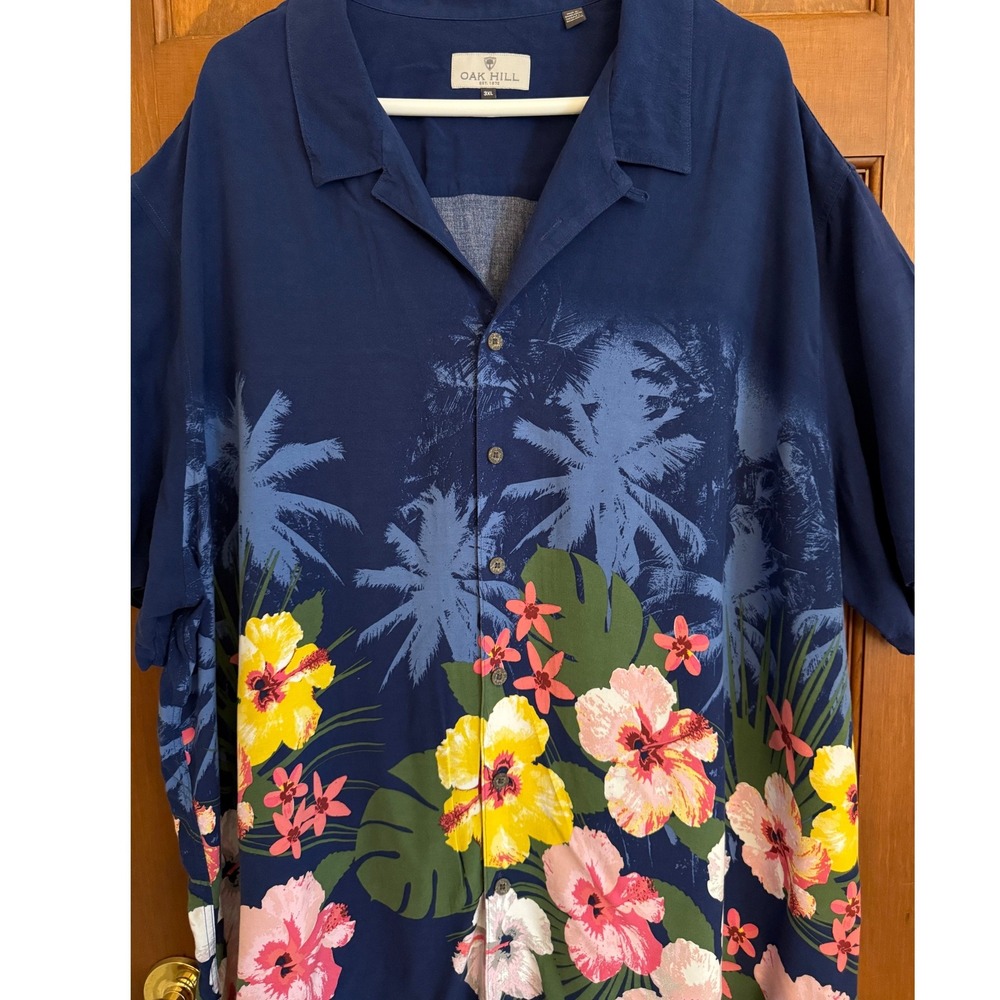 Oak Hill Resort Camp Shirt Men 3XL Blue Hawaiian Loop Collar SS Casual Button-Up